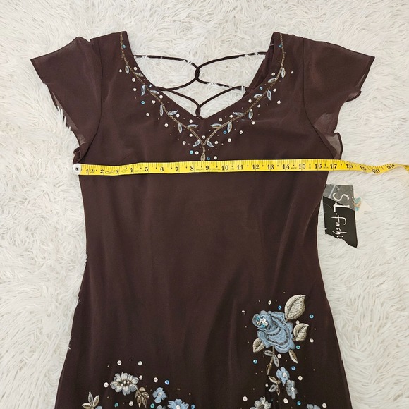 S.L. Fashions Sz 12 Y2k Brown Beaded Floral Embroidery Fairycore Whimsical Dress - Picture 6 of 10